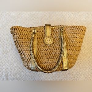 Michael Kors Santorini Raffia Gold Studded Leather Trim Shoulder Bag